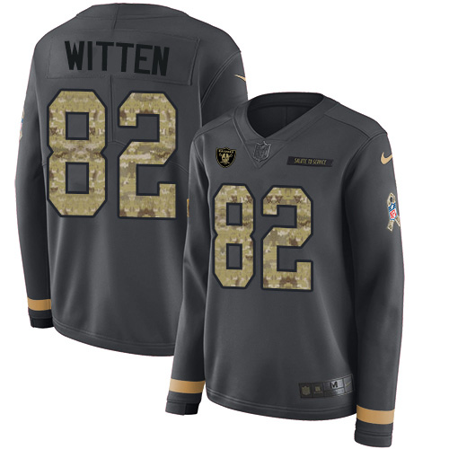 Las Vegas Raiders #82 Jason Witten Anthracite Salute to Service Women's Stitched Limited Therma Long Sleeve Jersey Womens