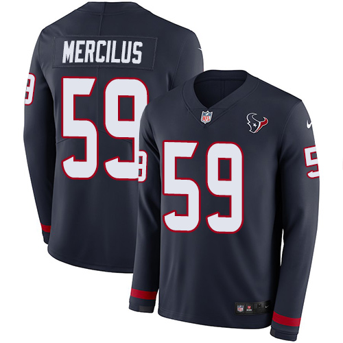 Houston Texans #59 Whitney Mercilus Navy Blue Team Color Men's Stitched Limited Therma Long Sleeve Jersey Men's