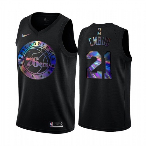 Philadelphia 76ers #21 Joel Embiid Mens Iridescent Holographic Collection Jersey - Black Mens