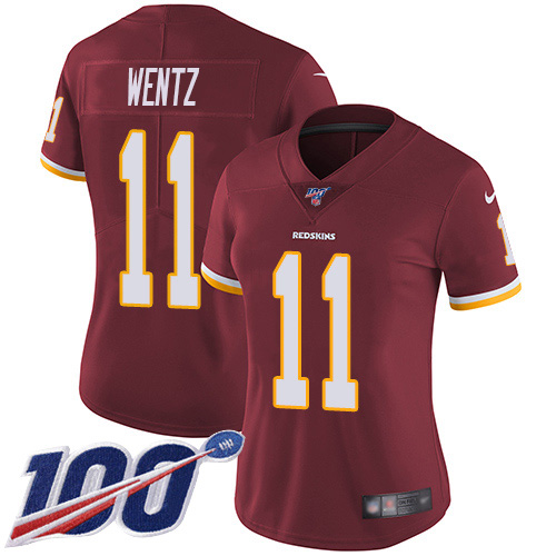 Washington Commanders #11 Carson Wentz Burgundy Red Team Color Women's Stitched 100th Season Vapor Limited Jersey Womens