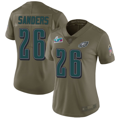 Eagles #26 Miles Sanders Olive Super Bowl LVII Patch Women's Stitched Limited 2017 Salute To Service Jersey
