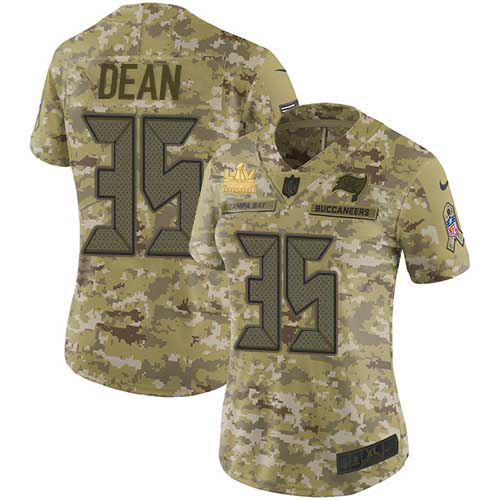 Tampa Bay Buccaneers #35 Jamel Dean Camo Women's Super Bowl LV Champions Patch Stitched Limited 2018 Salute To Service Jersey Womens