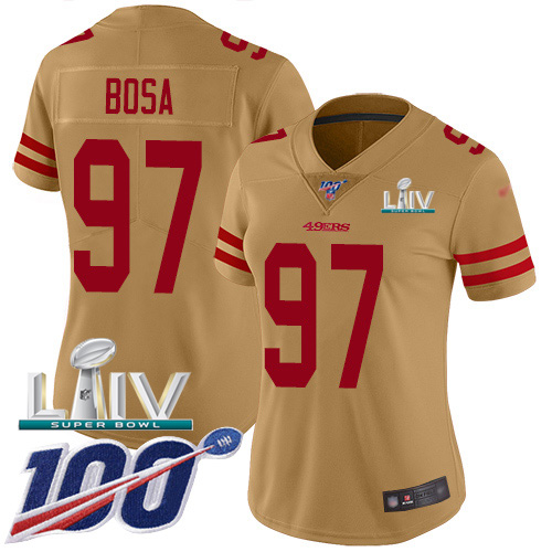 49ers #97 Nick Bosa Gold Super Bowl LIV 2020 Women's Stitched Limited Inverted Legend 100th Season Jersey