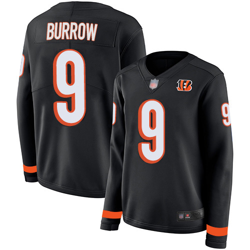 Bengals #9 Joe Burrow Black Team Color Women's Stitched Limited Therma Long Sleeve Jersey