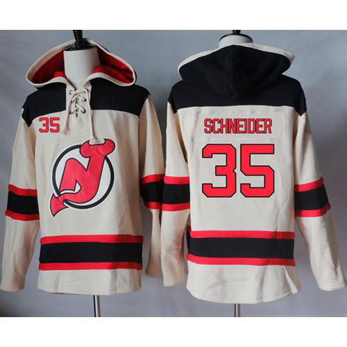New Jersey Devils #35 Cory Schneider Cream Sawyer Hooded Sweatshirt Stitched Jersey Men's
