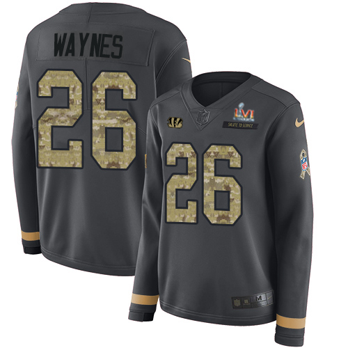 Cincinnati Bengals #26 Trae Waynes Anthracite Super Bowl LVI Patch Salute to Service Women's Stitched Limited Therma Long Sleeve Jersey Womens