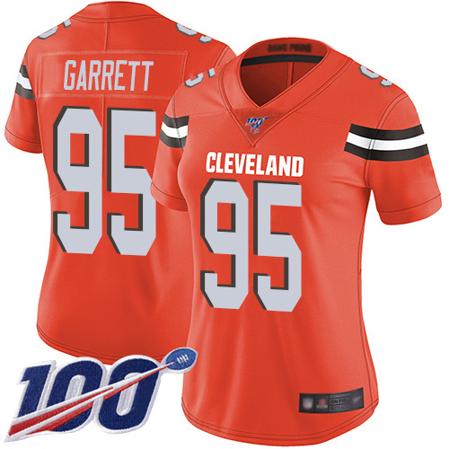 Browns #95 Myles Garrett Orange Alternate Women's Stitched 100th Season Vapor Limited Jersey