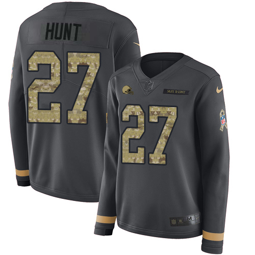 Cleveland Browns #27 Kareem Hunt Anthracite Salute to Service Women's Stitched Limited Therma Long Sleeve Jersey Womens