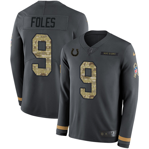 Colts #9 Nick Foles Anthracite Salute To Service Youth Stitched Limited Therma Long Sleeve Jersey