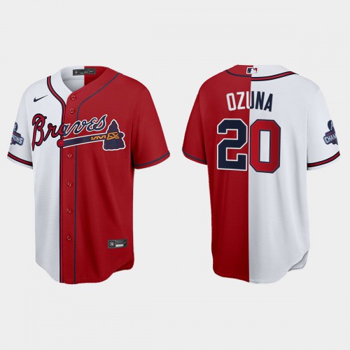 Atlanta Atlanta Braves #20 Marcell Ozuna Men's 2021 World Series Champions Split Red White Stitched Jersey Men's