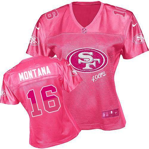 49ers #16 Joe Montana Pink Women's Fem Fan Game Jersey