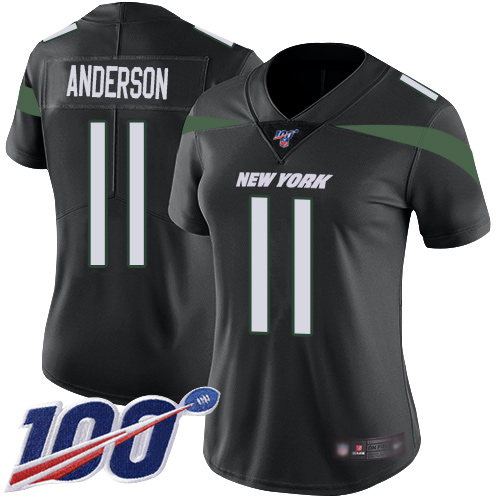 New York Jets #11 Robby Anderson Black Alternate Women's Stitched 100th Season Vapor Limited Jersey Womens