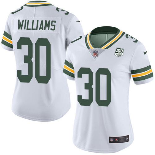 Green Bay Packers #30 Jamaal Williams White Women's 100th Season Stitched Vapor Untouchable Limited Jersey Womens