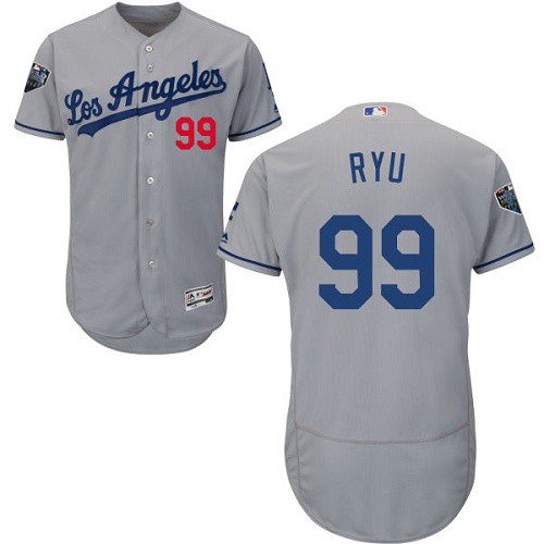 Los Angeles Dodgers #99 Hyun-Jin Ryu Grey Flexbase Authentic Collection 2018 World Series Stitched Jersey Men's