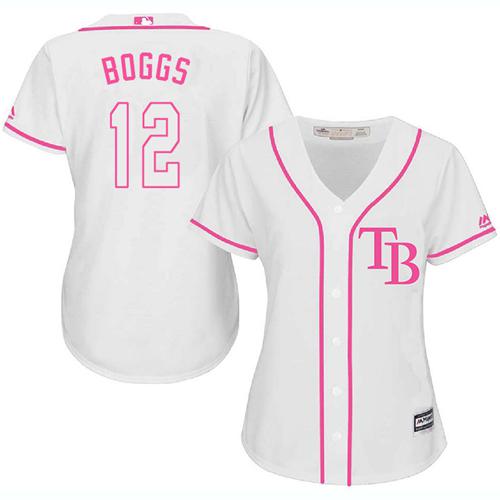 Tampa Bay Rays #12 Wade Boggs White/Pink Fashion Women's Stitched Jersey Womens