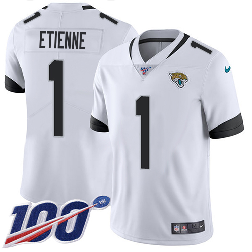 Jaguars #1 Travis Etienne White Men's Stitched 100th Season Vapor Limited Jersey