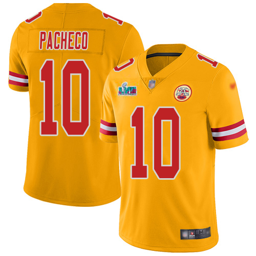 Chiefs #10 Isiah Pacheco Gold Super Bowl LVII Patch Men's Stitched Limited Inverted Legend Jersey