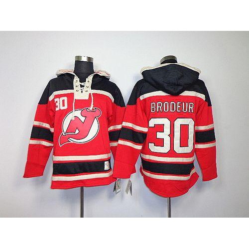 New Jersey Devils #30 Martin Brodeur Red Sawyer Hooded Sweatshirt Embroidered Jersey Men's