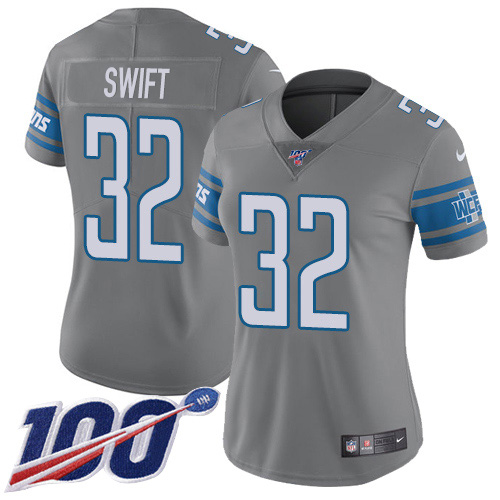 Detroit Lions #32 D'Andre Swift Gray Women's Stitched Limited Rush 100th Season Jersey Womens