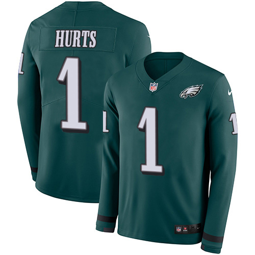 Eagles #1 Jalen Hurts Green Team Color Youth Stitched Limited Therma Long Sleeve Jersey