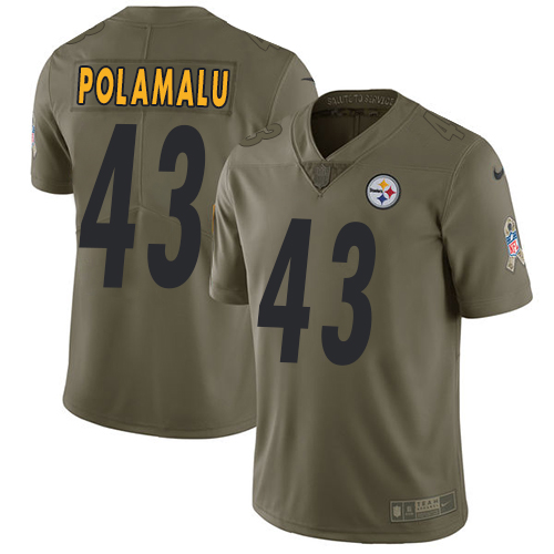 Steelers #43 Troy Polamalu Olive Youth Stitched Limited 2017 Salute To Service Jersey