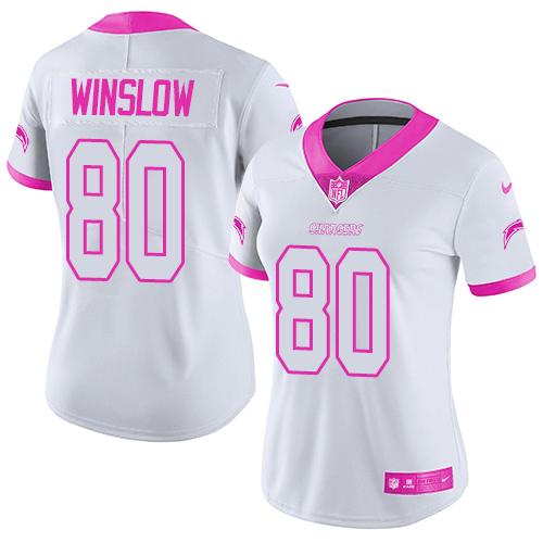 Los Angeles Chargers #80 Kellen Winslow White/Pink Women's Stitched Limited Rush Fashion Jersey Womens