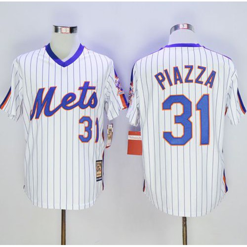 Mitchell And Ness New York Mets #31 Mike Piazza White(Blue Strip) Throwback Stitched Jersey Men's