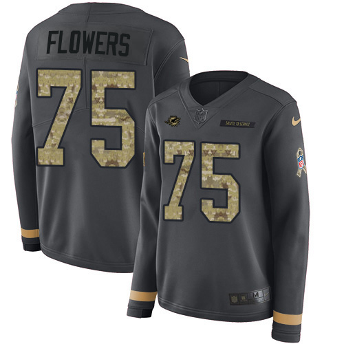 Miami Dolphins #75 Ereck Flowers Anthracite Salute to Service Women's Stitched Limited Therma Long Sleeve Jersey Womens