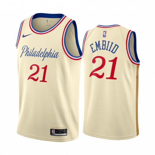 Philadelphia 76ers #21 Joel Embiid Mens Unveil 2019-20 City Edition Swingman Jersey Cream White Mens
