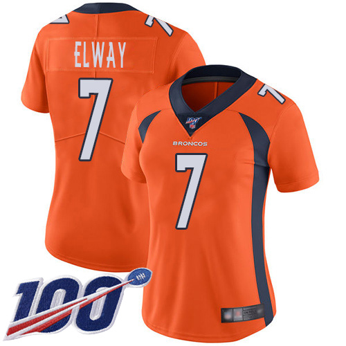 Broncos #7 John Elway Orange Team Color Women's Stitched 100th Season Vapor Limited Jersey