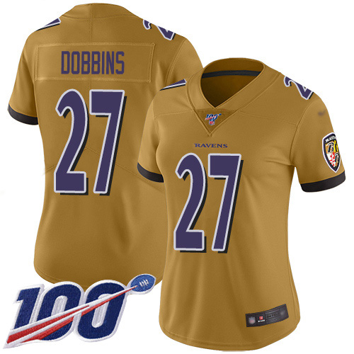 Baltimore Ravens #27 J.K. Dobbins Gold Women's Stitched Limited Inverted Legend 100th Season Jersey Womens