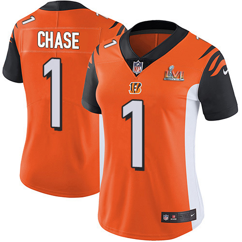 Bengals #1 Ja'Marr Chase Orange Alternate Super Bowl LVI Patch Women's Stitched Vapor Untouchable Limited Jersey