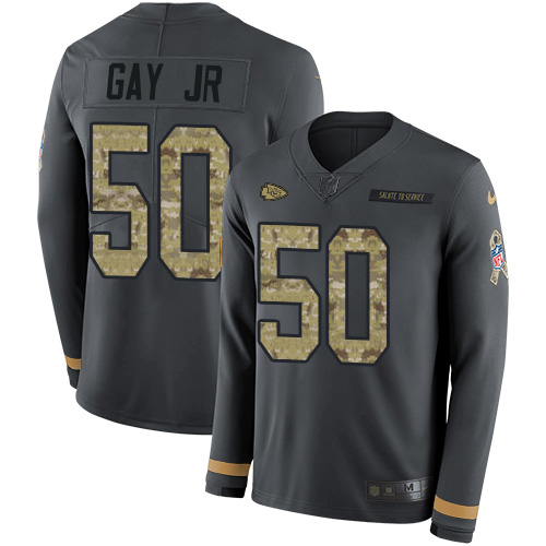 Kansas City Chiefs #50 Willie Gay Jr. Anthracite Salute to Service Men's Stitched Limited Therma Long Sleeve Jersey Men's
