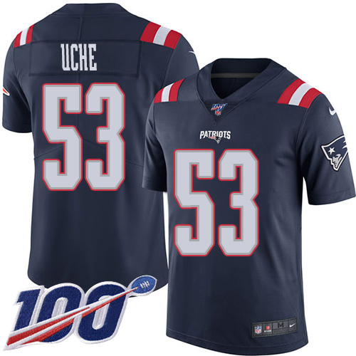 New England Patriots #53 Josh Uche Navy Blue Men's Stitched Limited Rush 100th Season Jersey Men's