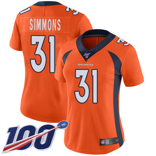 Broncos #31 Justin Simmons Orange Team Color Women's Stitched 100th Season Vapor Limited Jersey