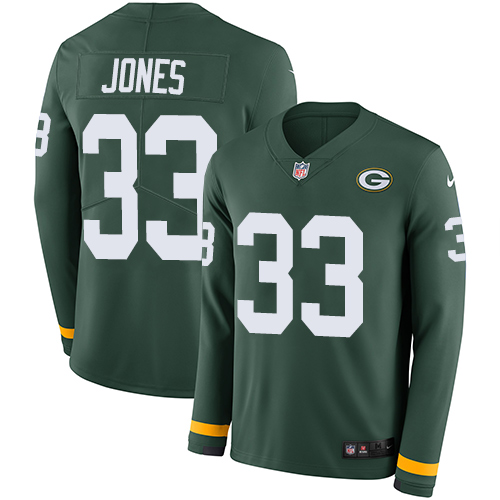 Packers #33 Aaron Jones Green Team Color Men's Stitched Limited Therma Long Sleeve Jersey