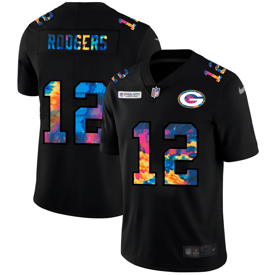 Green Bay Packers #12 Aaron Rodgers Men's Multi-Color Black 2020 Crucial Catch Vapor Untouchable Limited Jersey