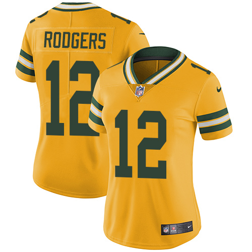 Packers #12 Aaron Rodgers Yellow Women's Stitched Limited Rush Jersey