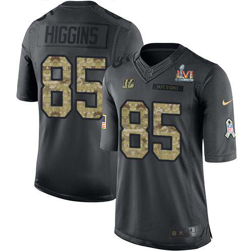 Bengals #85 Tee Higgins Black Team Color Super Bowl LVI Patch Youth Stitched Limited Therma Long Sleeve Jersey