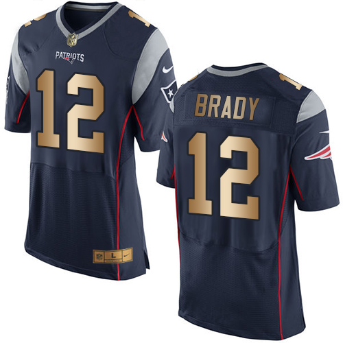 Patriots #12 Tom Brady Navy Blue Team Color Men's Stitched New Elite Gold Jersey