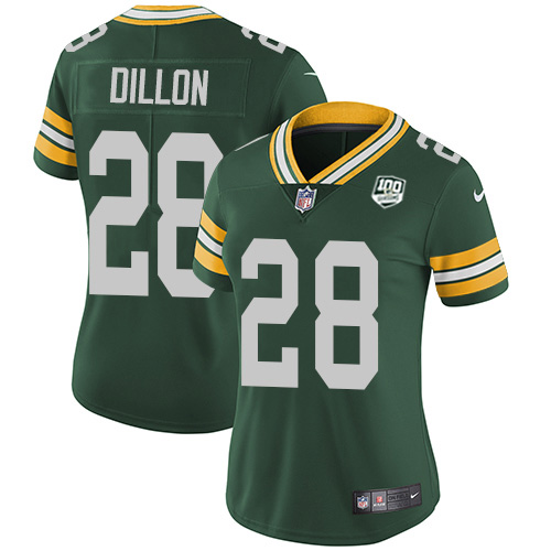Packers #28 AJ Dillon Green Team Color Women's 100th Season Stitched Vapor Untouchable Limited Jersey