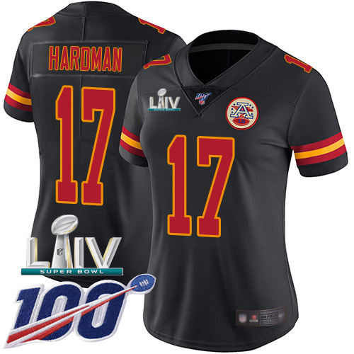 Kansas City Chiefs #17 Mecole Hardman Black Super Bowl LIV 2020 Women's Stitched Limited Rush 100th Season Jersey Womens