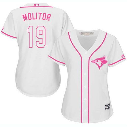 Toronto Blue Jays #19 Paul Molitor White/Pink Fashion Women's Stitched Jersey Womens