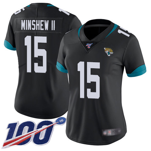 Jacksonville Jaguars #15 Gardner Minshew II Black Team Color Women's Stitched 100th Season Vapor Limited Jersey Womens