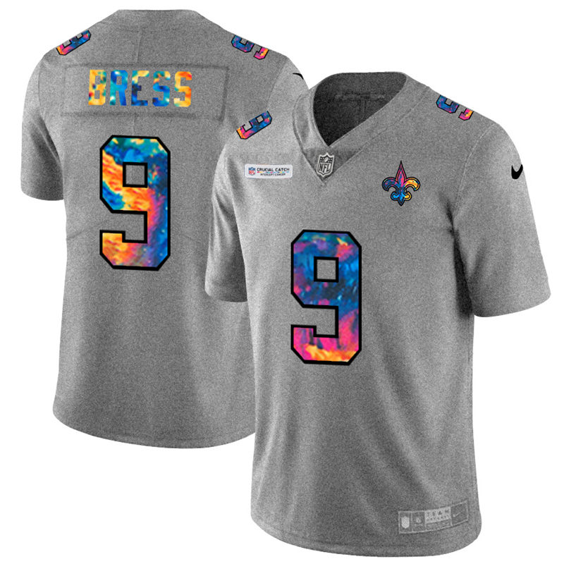 New Orleans Saints #9 Drew Brees Men's Multi-Color 2020 Crucial Catch Jersey Greyheather