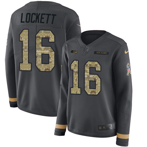 Seahawks #16 Tyler Lockett Anthracite Salute To Service Women's Stitched Limited Therma Long Sleeve Jersey