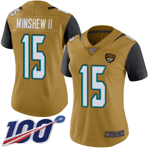 Jacksonville Jaguars #15 Gardner Minshew II Gold Women's Stitched Limited Rush 100th Season Jersey Womens