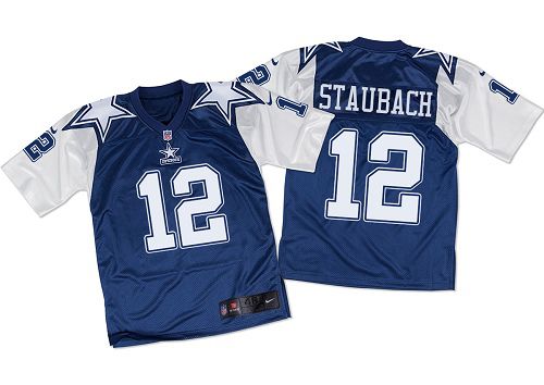 Cowboys #12 Roger Staubach Navy Blue/White Throwback Men's Stitched Elite Jersey