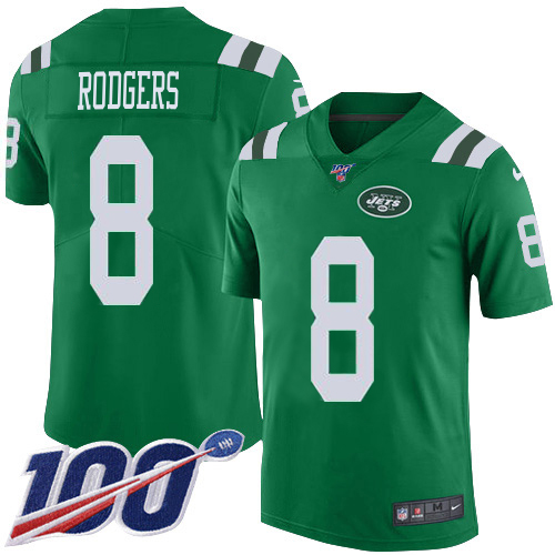 Jets #8 Aaron Rodgers Green Men's Stitched Limited Rush 100th Season Jersey