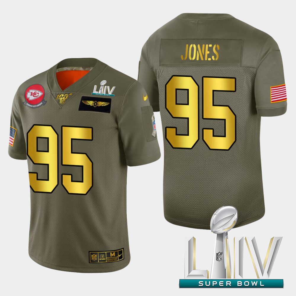 Kansas City Chiefs #95 Chris Jones Men's Olive Gold Super Bowl LIV 2020 2019 Salute To Service Limited 100 Jersey